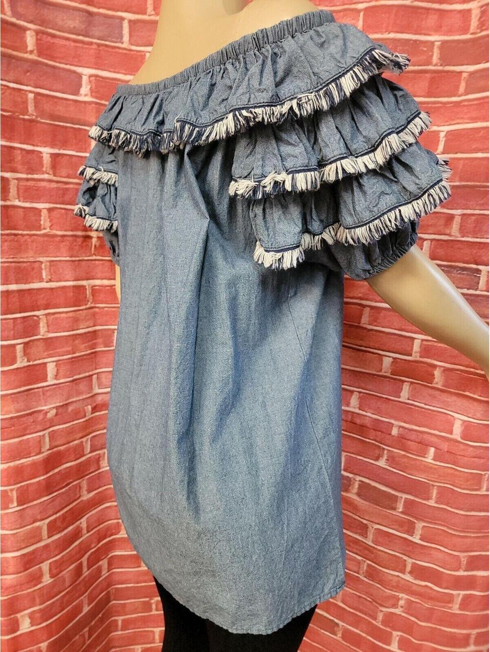 Mp|D Boho Frilled Sleeves Off the shoulders  Size S Blue Women's Top Blouse #CB9 - Picture 4 of 7